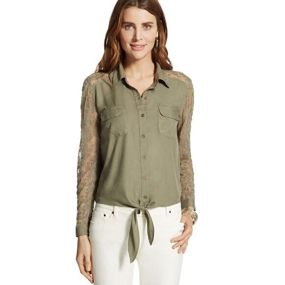 GOOD CONDITION CHICO’S Dreama Lace Button-Down Top size 2 (MEDIUM) green - Picture 2 of 9